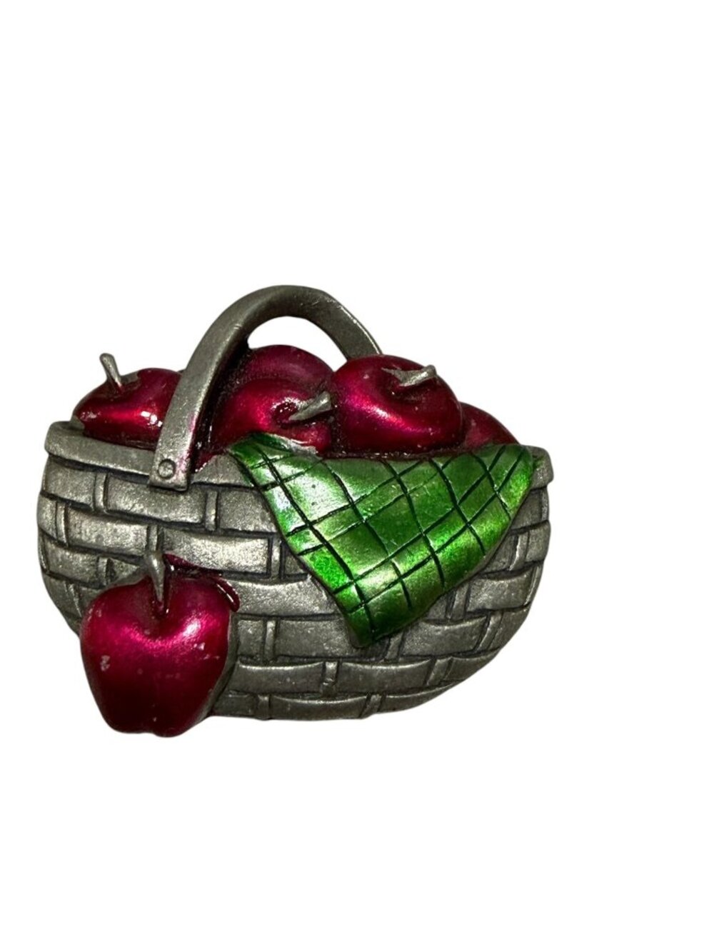 JJ Jonette Signed Pewter Apple Basket Pin Brooch Vintage Jewelry